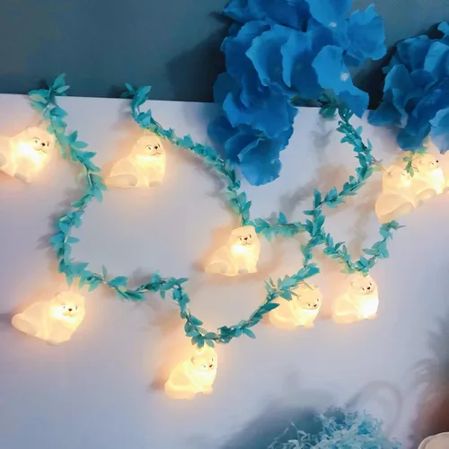 Vista 2 de Guirnalda de luces blancas de gato persa alimentadas por USB, lindo adorno de animales, luces LED de hadas para fiesta de Halloween, dormitorio Gato