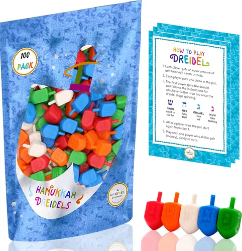 Vista 8 de The Dreidel Company Paquete de 10 Dreidels de Hanukkah de plástico multicolor con transliteración en inglés, incluye tarjetas de instrucciones