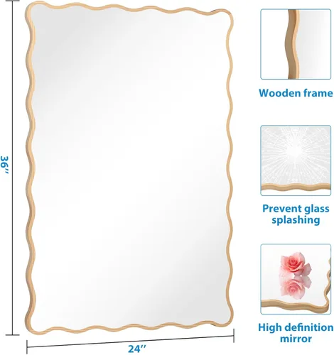 Vista 5 de Espejo ondulado de baño de 24 x 36 pulgadas, espejo festoneado rectangular para decoración de pared, tocador de baño, dormitorio, sala de estar