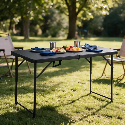 Vista 2 de Mesa Plegable de 4 Pies de Altura Ajustable con Asa Incorporada, Mesa Plegable Portátil de Servicio Pesado de 4 Pies con Patas de Acero para Negro