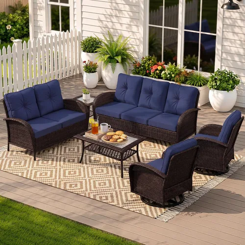 Vista 13 de UPHA Juego de muebles de mimbre para patio de 5 piezas con mesa auxiliar Cojín de ratán marrón y beige