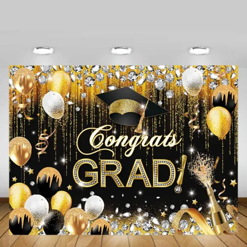 Vista 5 de MEHOFOND Telón de fondo con texto en inglés "Congrats Grad" para la clase de 2025, decoraciones de fiesta de graduación para fotografía