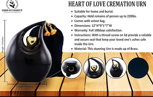 Vista 7 de Urna de cremación Heart of Love para cenizas humanas - Hermosa urna conmemorativa ERN para adultos - ERN decorativa para seres queridos - Urna Negro
