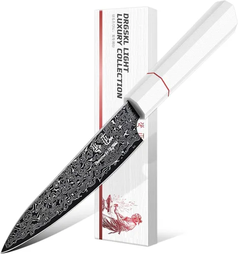 Vista 7 de DRGSKL Cuchillo de fruta de Damasco de 3.5 pulgadas - Cuchillo de pelar VG10 para corte de precisión - Cuchillos de cocina pequeños con mango