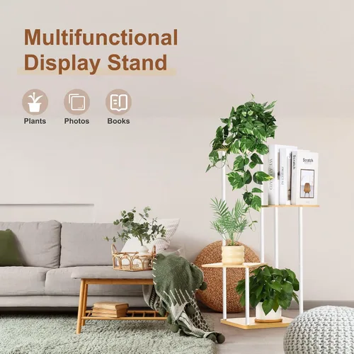 Vista 6 de Soporte para plantas de 4 niveles para interiores y exteriores, estante de esquina de metal de madera, múltiples estantes para macetas, estante