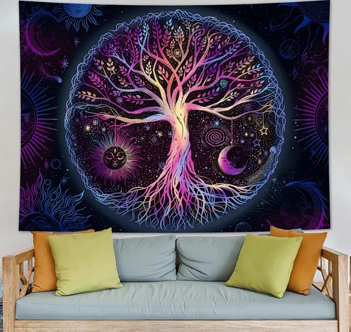 Vista 4 de FORATER Tapiz de árbol de la vida, para colgar en la pared, colorido árbol de la vida, tapiz estético de sol y luna, galaxia para dormitorio, sala