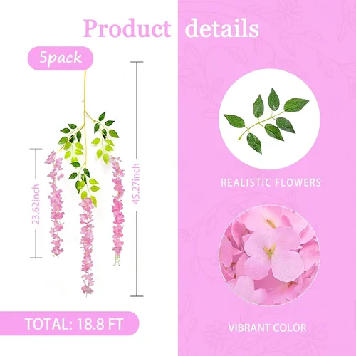 Vista 3 de Paquete de 5 guirnaldas de flores colgantes de glicina rosa, enredaderas de flores artificiales de 3.77 pies, glicinia falsa, guirnalda colgante