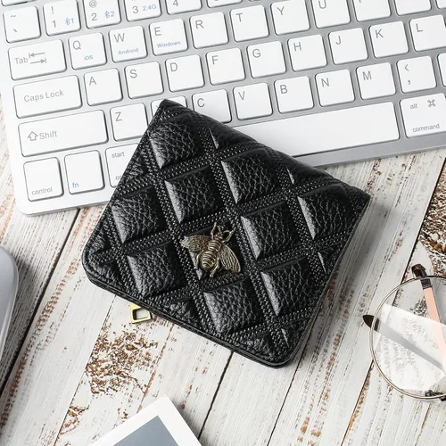 Vista 6 de Billetera para mujer, con bloqueo RFID, pequeña, compacta, plegable, de piel auténtica, con bolsillo, mini carteras para mujeres