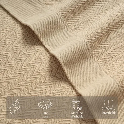 Vista 5 de Threadmill - Mantas de algodón de lujo para cama tamaño individual Manta 100% algodón para todas las estaciones para cama individual Manta Beige
