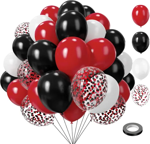 Vista 16 de Lukiituke 75 globos, negro, rojo y dorado (12 y 5 pulgadas), decoraciones de fiesta temática de casino, Año Nuevo, graduación, boda, cumpleaños