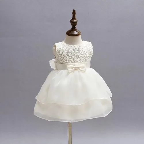 Vista 6 de BabyCheer Vestido de bautizo para niñas y bebés, falda de encaje con volantes, vestido de bendición, vestido de flores sin mangas, Marfil