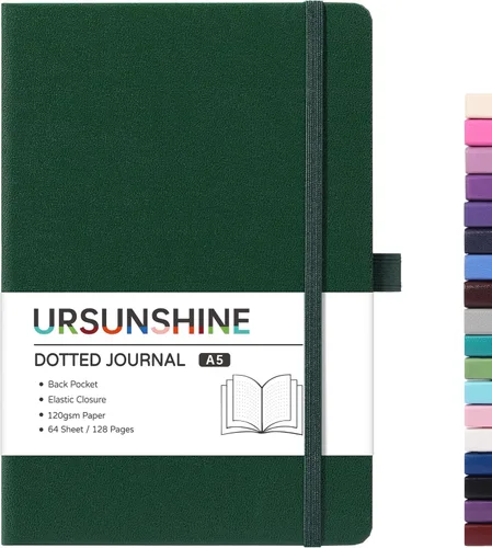 Vista 68 de Cuaderno punteado, diario, 5.3 x 8.26 pulgadas, tapa dura, prémium, papel grueso, doble espiral, bandas, cuero negro sintético, lazo para bolígrafo
