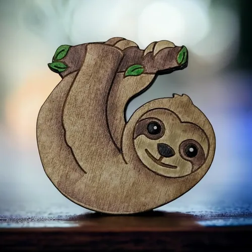 Vista 4 de Baby Sloth 1.5" Handpainted Wood Pin Nature Art Joanie