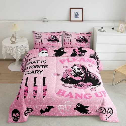 Vista 40 de Feelyou Juego de edredón de Halloween, color rosa fantasma, juego de ropa de cama tamaño individual, decoración para niños y niñas, lindo juego