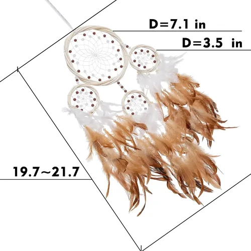 Vista 7 de Atrapasueños grandes de ratán, pluma de gallo marrón con perla de lujo, multianillo, atrapasueños hecho a mano para dormitorio, atrapasueños