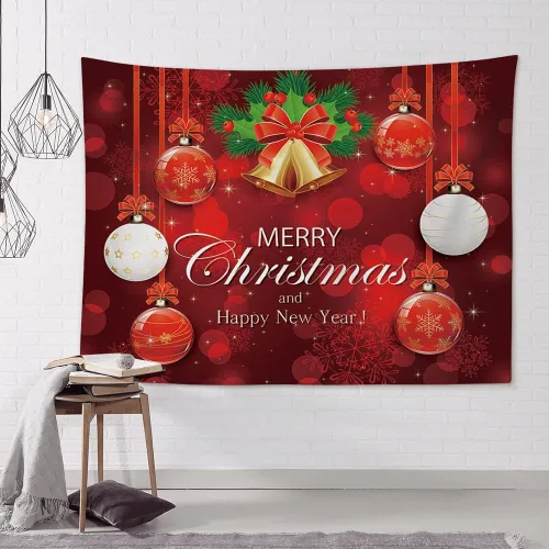 Vista 9 de OTOSTAR Tapiz de Navidad con diseño de bola de Navidad, Feliz Navidad y Feliz Año Nuevo, tapiz para colgar en la pared, adornos de Navidad, adornos