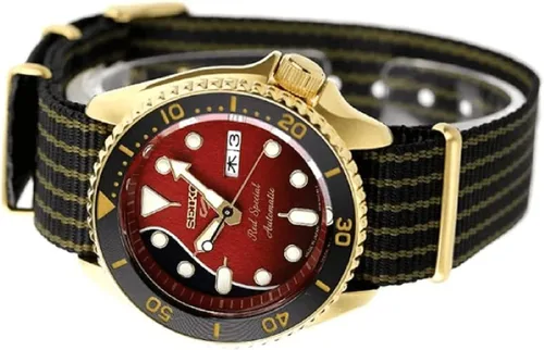 Vista 2 de Seiko Reloj automático mecánico con correa de nailon negra con esfera roja para hombre Rojo Buceador