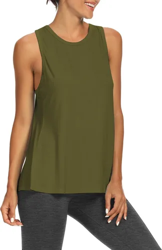 Vista 2 de Bestisun - Camisetas de tirantes para mujer con espalda abierta, ropa deportiva para entrenamiento, yoga y ejercicio Verde militar
