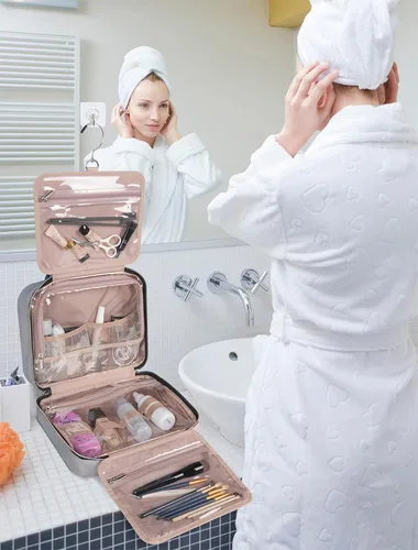 Vista 3 de BALHLHG - Neceser para mujer con gancho para colgar, organizador de maquillaje de viaje mediano, bolsa de artículos de tocador cosméticos resistente