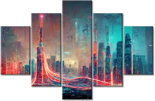 Vista 287 de Cuadros de 5 paneles de Cyberpunk City, arte de pared, representación de vallas publicitarias, edificios modernos en la capital con obras de arte