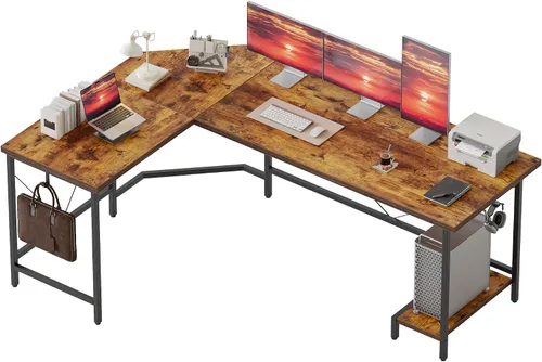 Vista 16 de Mericonia Escritorio para Computadora en Forma de L con Tomas de Corriente, Escritorio de Juegos Reversible con Estantes de Almacenamiento y Soporte