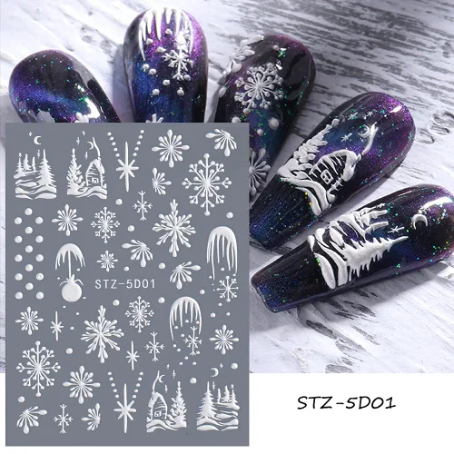 Vista 4 de Calcomanías de arte de uñas de copo de nieve, 5D en relieve, Navidad, blanco, 4 hojas (copos de nieve A)