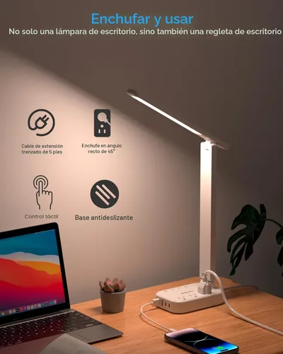 Vista 4 de One Beat lámpara de escritorio LED pequeña con extensión de 5 pies, tira de corriente con 3 tomas de corriente, 4 puertos USB (2 USB C), 4 modos, 5