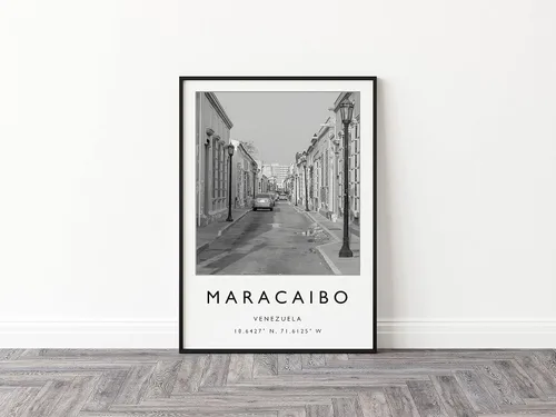 Vista 2 de Maracaibo Venezuela - Arte fotográfico en blanco y negro para decoración de habitación temática de América del Sur, póster de viaje