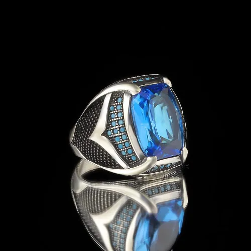 Vista 3 de 925 Sterling Silver Men's Ring with Blue Topaz Stone, Handmade Blue Topaz Stone Silver Ring, Gift for Him