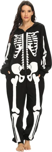 Vista 2 de Kofero Disfraz de esqueleto para mujer, disfraz de Halloween para adultos, talla grande, cómodo, pijama mameluco para niña, fiesta de cosplay