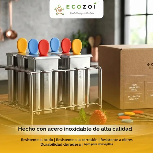 Vista 7 de Ecozoi Moldes de paletas de acero inoxidable – Juego de paletas de metal reutilizables con 6 moldes, 6 varillas, 12 sellos de silicona y cepillo