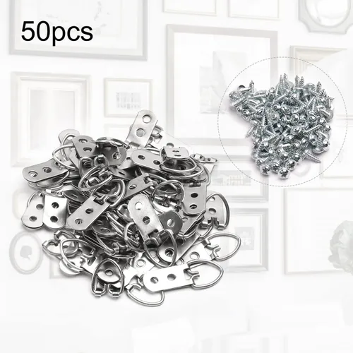 Vista 5 de 50 piezas de accesorios para colgar fotos, anillos en D resistentes, kit para colgar cuadros con tornillos, niquelado, anillos en D de metal