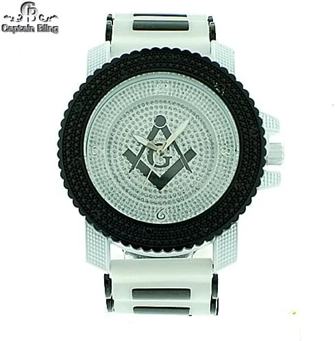 Vista 2 de CB Captain Bling Reloj masónico para hombre, caja blanca, bisel negro, banda de silicona blanca y negra, movimiento de cuarzo, caja masónica W2634