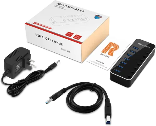 Vista 8 de RSHTECH Hub USB 3.0, expansor de concentrador USB de 7 puertos alimentado de aluminio con adaptador universal de CA de 5 V e interruptores