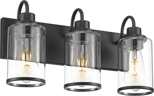 Vista 10 de Beionxii BX-VL01BG-3CG - Lámpara de tocador de baño, 3 lámparas doradas claras con pantalla de cristal transparente, accesorios de iluminación
