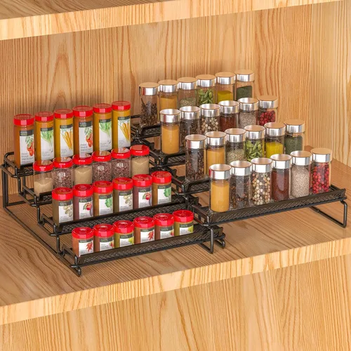 Vista 7 de Organizador de especias de 4 niveles para gabinete, color negro (paquete de 2), estante para especias con barandilla de protección para armarios