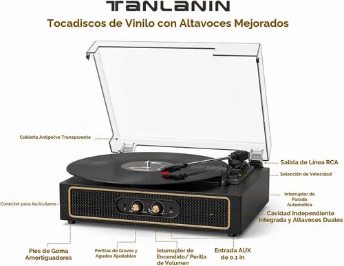 Vista 6 de Tocadiscos de vinilo retro con altavoces, control de graves/agudos