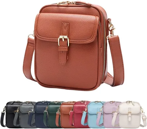 Vista 17 de Bolso bandolera de cuero, bolso mensajero de doble capa de gran capacidad, de cuero sintético retro con monedero incorporado, bolsa antirrobo