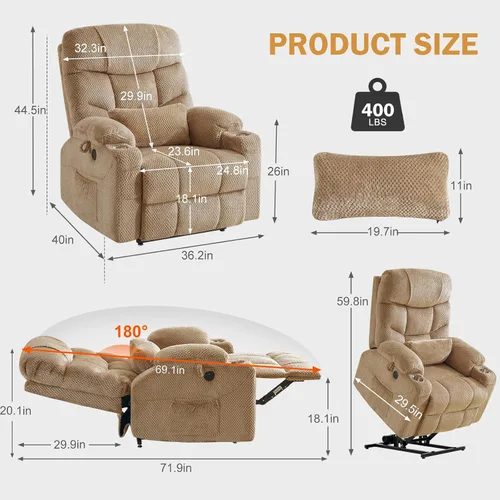Vista 2 de CDCASA Silla Reclinable de Elevación Eléctrica de Gran Tamaño con Doble Motor que se Recuesta Completamente con Masaje, Calefacción, Textil