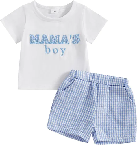 Vista 12 de Conjunto de camiseta de manga corta para bebé y niño, ropa de verano para bebé, pantalones cortos elásticos enrollados C- azul