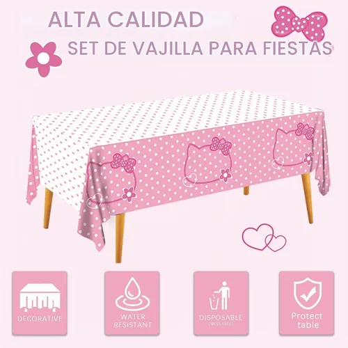 Vista 3 de 3 piezas de mantel de fiesta con lazos rosas de gatitos, lindo mantel de gatitos con puntos, rectangular desechable de 54×108 pulgadas, blanco