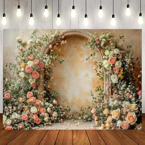 Vista 15 de Telón de fondo de flores de primavera de 5 x 3 pies para sesión de fotos de flores rosas y flores, decoración de fiesta de té, telón de fondo