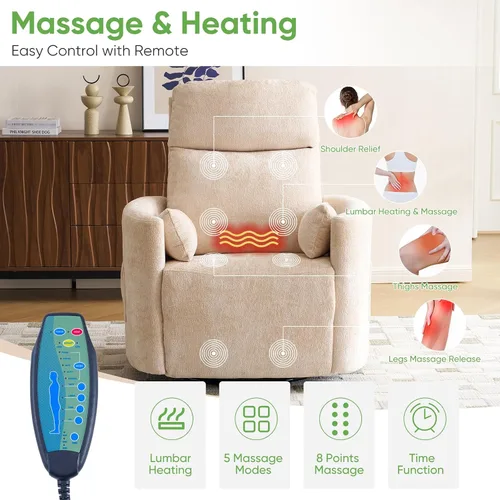 Vista 7 de Sillón reclinable eléctrico de gran tamaño con masaje y calor, sillón reclinable giratorio con reposacabezas ajustable, silla reclinable planeadora