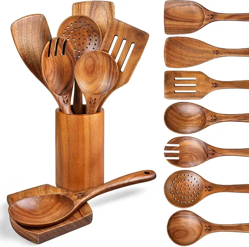 Vista 9 de Cucharas de madera para cocinar, 6 piezas, juego natural de utensilios de cocina de madera de teca, juego de utensilios de cocina con mango largo