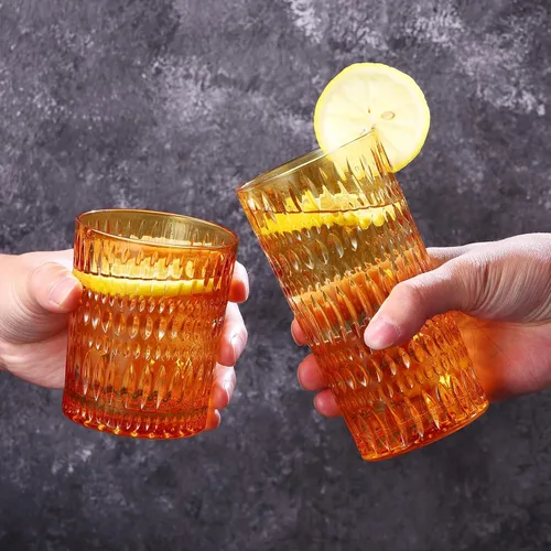 Vista 3 de Loivttvv Glassware - Juego de 8 vasos altos de 14 onzas y vasos de vidrio acanalado de 10 onzas, cristalería vintage para agua, jugo, cóctel