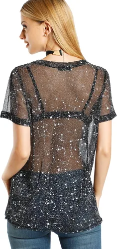 Vista 2 de WDIRARA Blusa de malla para mujer con purpurina transparente y de manga corta