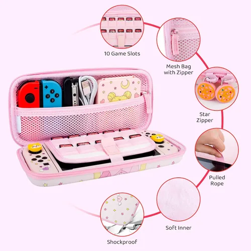 Vista 2 de Pink Carrying Case for Nintendo Switch, Anime Accessories Bundle Kit for Sailor Moon with Switch Travel Bag, Soft TPU Protective Cover, Screen