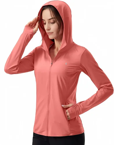 Vista 22 de Soothfeel Chaqueta con capucha y protección solar UPF 50+ para mujer, ligera, de manga larga, con bolsillo, para senderismo al aire libre d-celeste