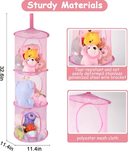 Vista 3 de ChezMax Almacenamiento de malla colgante para animales de peluche, paquete de 2 unidades, organizador grande de red de animales de peluche, bolsas