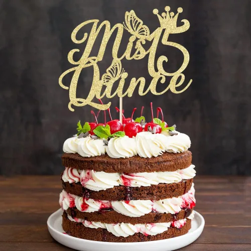 Vista 6 de Kaoenla Mis membrillo 15 para tartas dorado con purpurina para cumpleaños 15, saludos a los 15 años, quinceañera, decoraciones de feliz cumpleaños